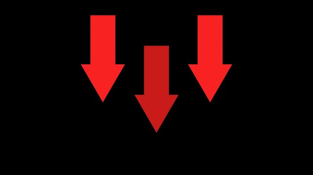 Animation of three red arrows pointing down on a transparent background. Ideal for illustrating downturns, warnings or negative trends in financial and business contexts.