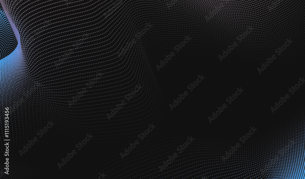 Poster abstract blue pphalftone with dark background with waves for banner. wave of particles on dark backg