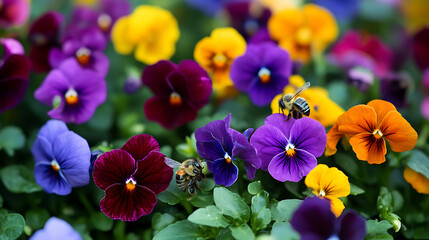 Close-up of bees pollinating colorful flowers 