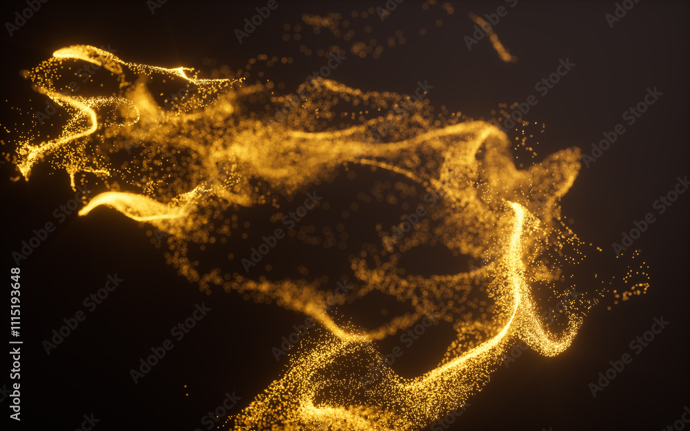 Poster golden abstract glowing particles, 3d rendering.