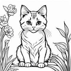 Obraz premium A line art black-and-white illustration of a cute kitten.