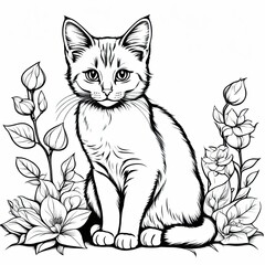 Obraz premium A line art black-and-white illustration of a cute kitten.