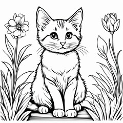 Obraz premium A line art black-and-white illustration of a cute kitten.