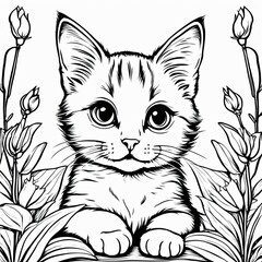 Obraz premium A line art black-and-white illustration of a cute kitten.