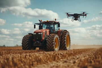 Obraz premium Farming Innovation Unfolds With a Tractor and Drone Working Together in a Vast Field on a Sunny Day
