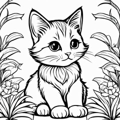 Obraz premium A line art black-and-white illustration of a cute kitten.