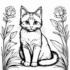 Obraz premium A line art black-and-white illustration of a cute kitten.
