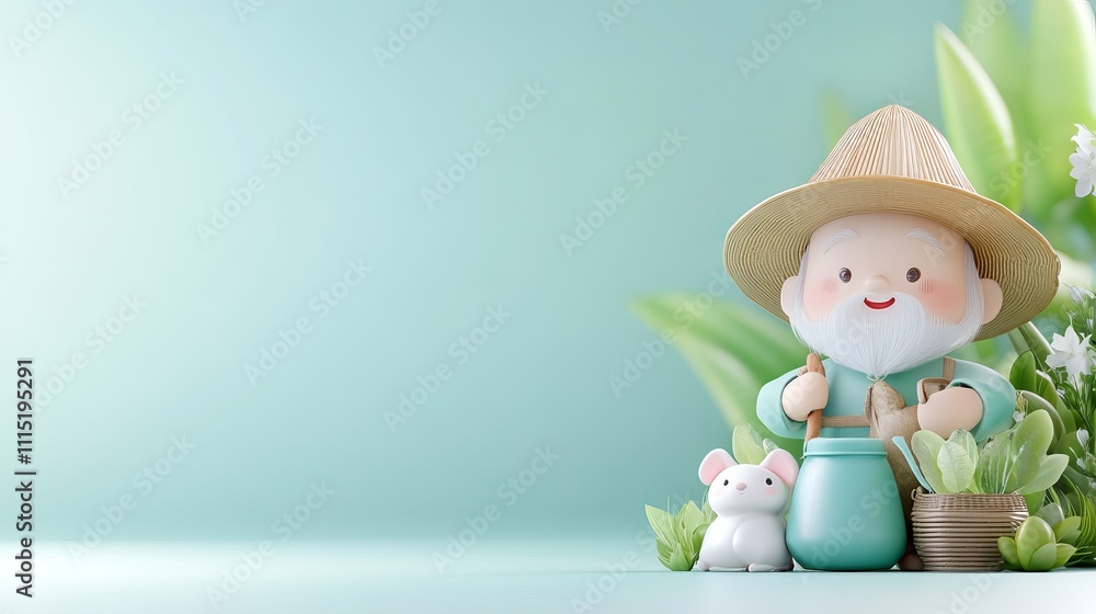 Poster charming 3d farmer character with greenery and soft color background