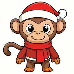 a cute cartoon monkey in a Santa hat and holiday.