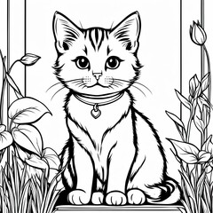 Obraz premium A line art black-and-white illustration of a cute kitten.