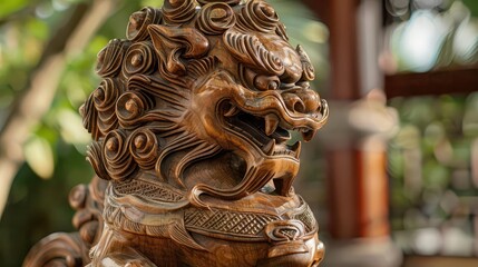 Fototapeta premium Ancient Wooden Statue: Intricate Mythological Head. Sculpture and Metal Fusion