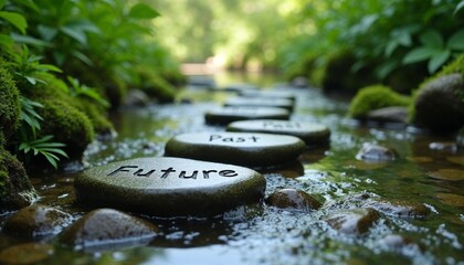 River with stepping stones labeled "Future" and "Past" in a calm and meditative mood surrounded by vibrant greenery and soft natural light