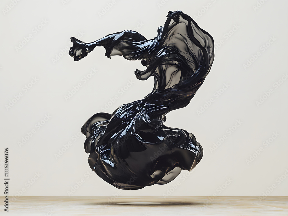 Poster dynamic black fabric flow studio setting abstract art minimalist environment aerial view motion conc