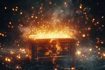Mystical glowing treasure chest golden light bursting from within magical sparks and particles