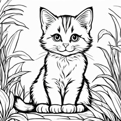 Obraz premium A line art black-and-white illustration of a cute kitten.
