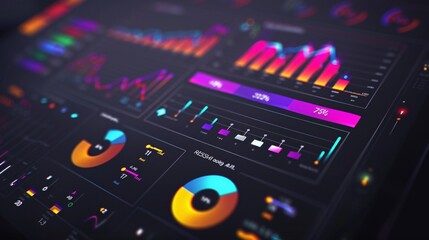 Obraz premium Vibrant and futuristic digital dashboard interface displaying various data visualizations and charts for financial market monitoring and investment purposes