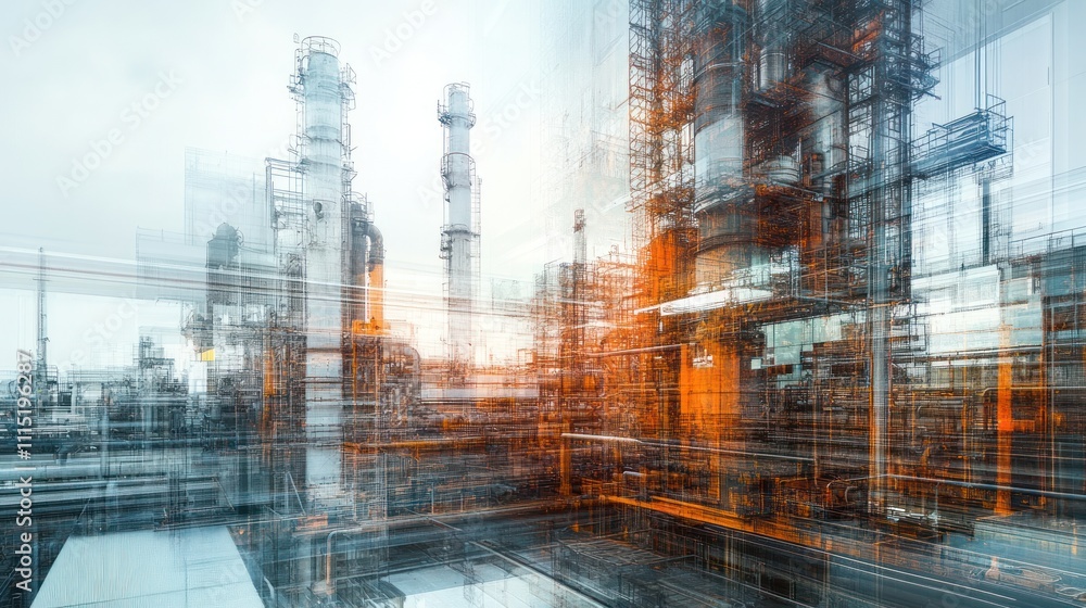Poster abstract representation of an industrial complex with a blend of structures and colors.