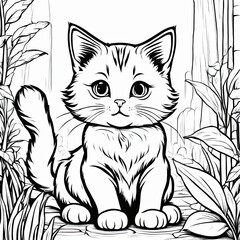 Obraz premium A line art black-and-white illustration of a cute kitten.