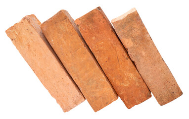Side view of four old red or orange bricks in stack isolated on white background with clipping path