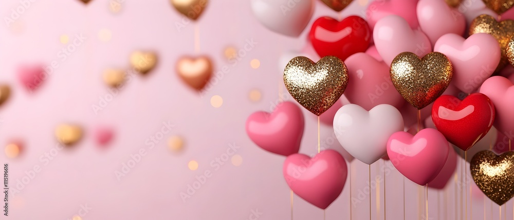 Poster elegant and captivating 3d of floating valentine s day hearts adorned with shimmering golden sparkle