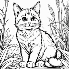 Obraz premium A line art black-and-white illustration of a cute kitten.