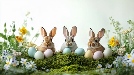 Obraz premium Charming scene with three bunnies on a moss mound, surrounded by pastel eggs and wildflowers, perfect for Easter invitations, greeting cards, or spring celebrations.