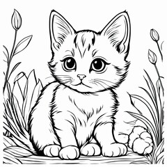 Fototapeta premium A line art black-and-white illustration of a cute kitten.