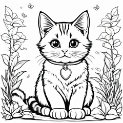 Obraz premium A line art black-and-white illustration of a cute kitten.