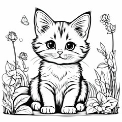 Obraz premium A line art black-and-white illustration of a cute kitten.
