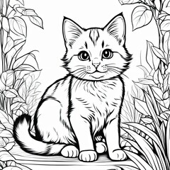 Fototapeta premium A line art black-and-white illustration of a cute kitten.
