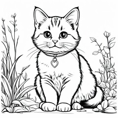 Obraz premium A line art black-and-white illustration of a cute kitten.