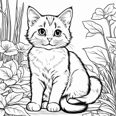 Obraz premium A line art black-and-white illustration of a cute kitten.