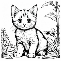 Obraz premium A line art black-and-white illustration of a cute kitten.