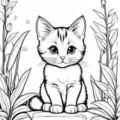Obraz premium A line art black-and-white illustration of a cute kitten.