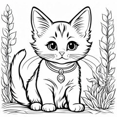 Obraz premium A line art black-and-white illustration of a cute kitten.