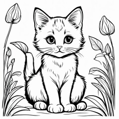 Obraz premium A line art black-and-white illustration of a cute kitten.