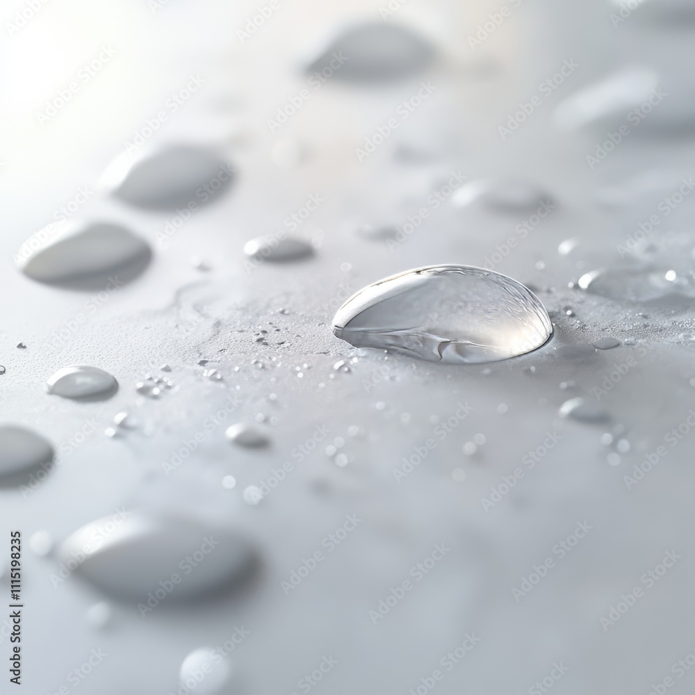 Poster droplets of water glisten on a sleek surface, reflecting light while creating a calm and serene ambi