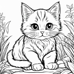 Obraz premium A line art black-and-white illustration of a cute kitten.