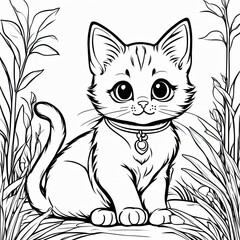 Obraz premium A line art black-and-white illustration of a cute kitten.