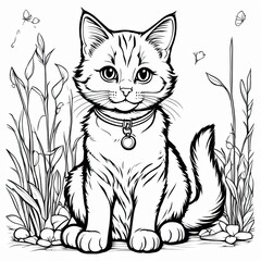 Fototapeta premium A line art black-and-white illustration of a cute kitten.