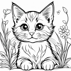 Fototapeta premium A line art black-and-white illustration of a cute kitten.