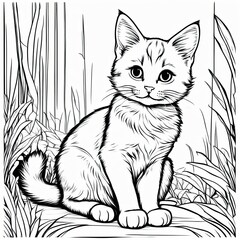 Obraz premium A line art black-and-white illustration of a cute kitten.