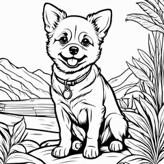 A line art black-and-white illustration of a cute kitten.