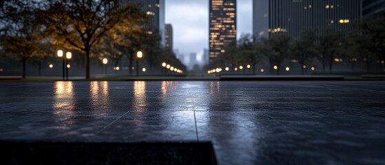 Rainy Night in the City: Reflections of Skyscrapers and Street Lamps