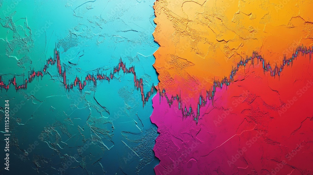 Poster vibrant financial landscape reflecting contrasting market trends with dynamic color transitions and 