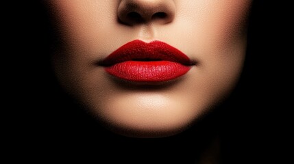 Obraz premium A close-up shot highlighting perfectly shaped lips adorned with vibrant red lipstick against a dark background.