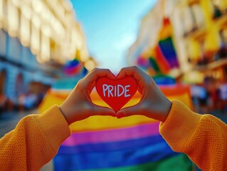 Hands Holding a Red Heart with 'Pride' Text Against a Vibrant LGBTQ+ Rainbow Flag During a Pride Parade Celebration