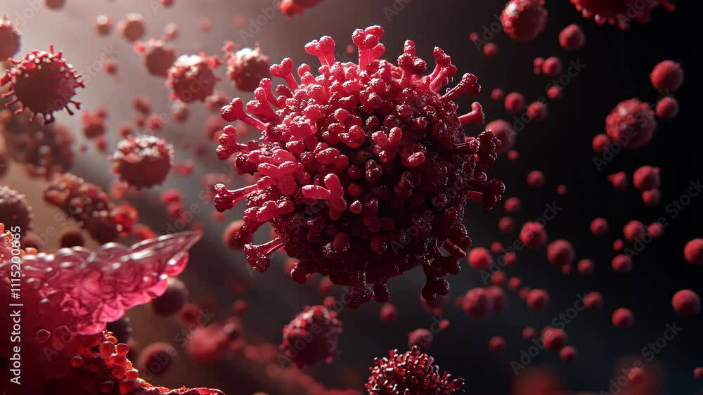 Poster detailed visualization of a virus in a microscopic environment showcasing its structure and characte