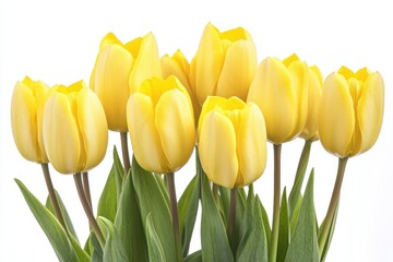 Naklejka premium Vibrant yellow tulips in full bloom, close-up. Perfect for spring themes, cards, or floral designs.