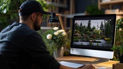 Landscaping Architect Working on a Garden Design on His Computer